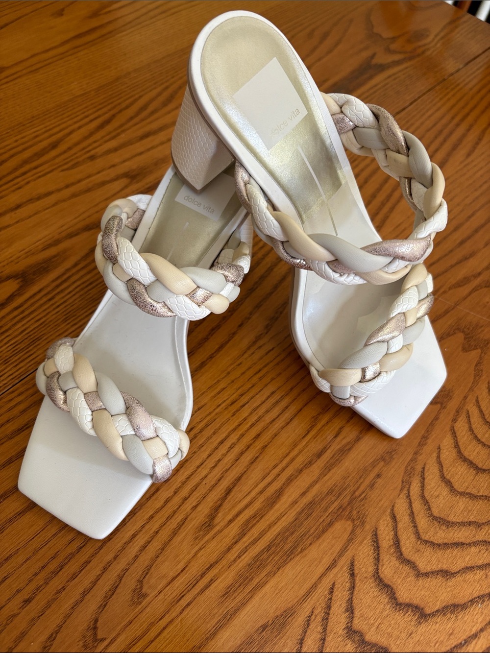 Braided Strap White Coper and Cream Block Heel Sandals - Dolce Vita